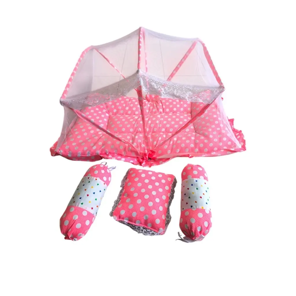 Baby bedding set with pink polka-dot mosquito net and bolsters