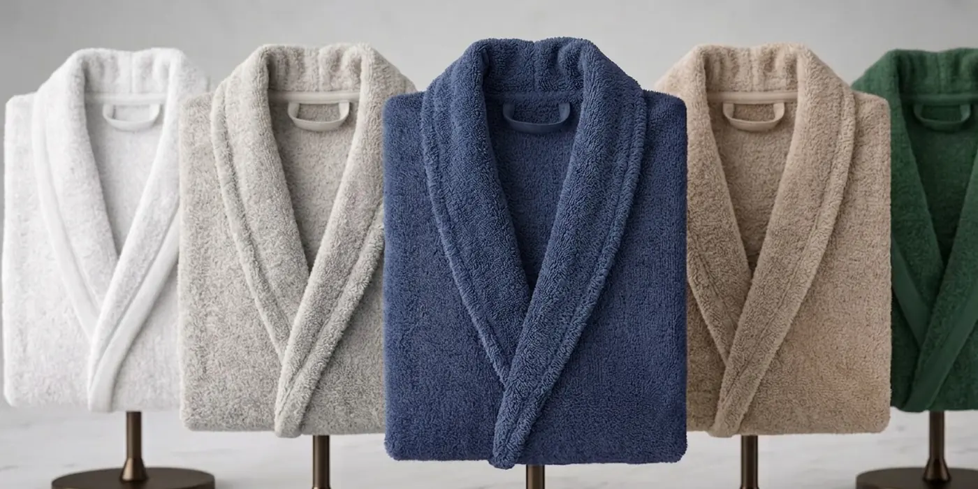 Terry bathrobes on stands in white, grey, navy, taupe and green