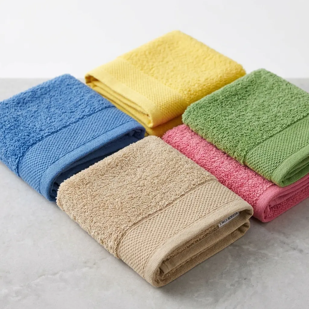 Stack of towels in blue, yellow, green, pink and beige