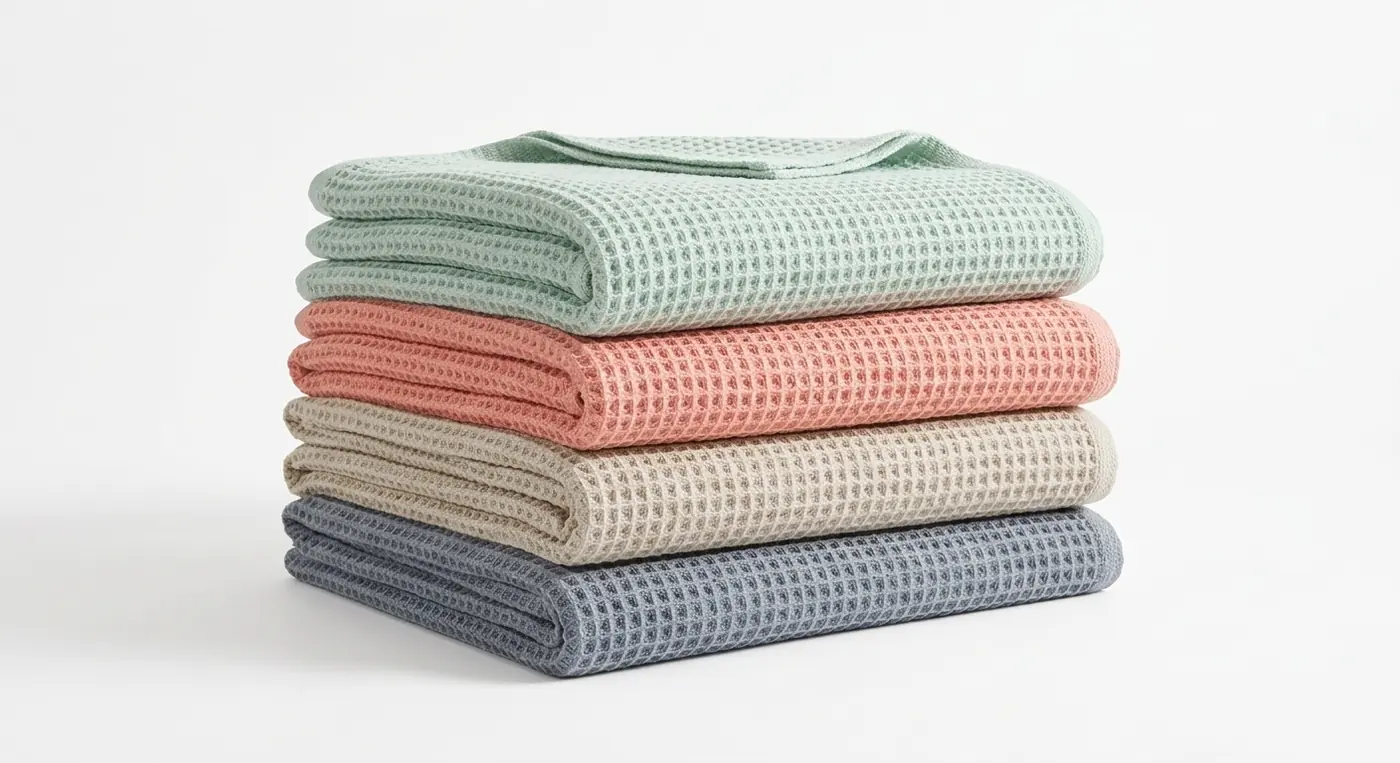 Fleece blanket with satin trim folded on a hotel bed