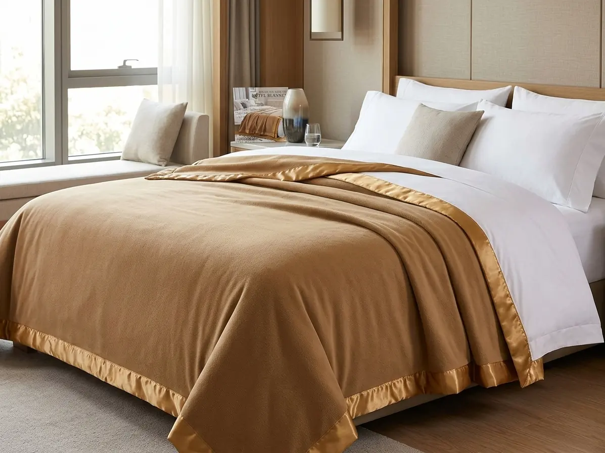Gold fleece blanket with satin trim laid over a hotel bed