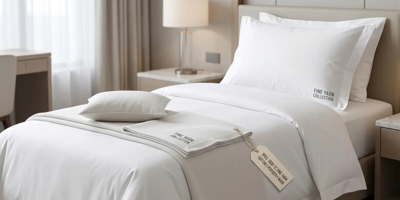 Plain white hotel bedsheet set folded on the bed with tag