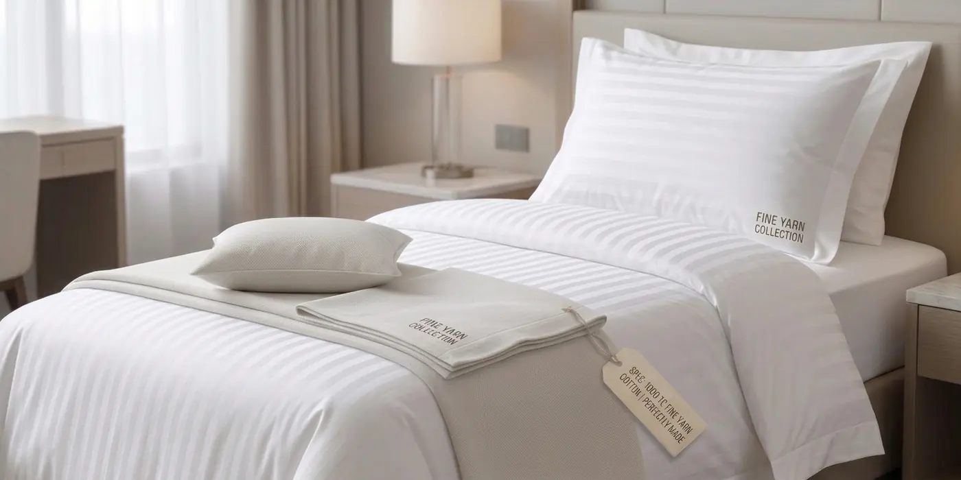 A hotel bed made up in white satin-stripe Fine Yarn Collection linen
