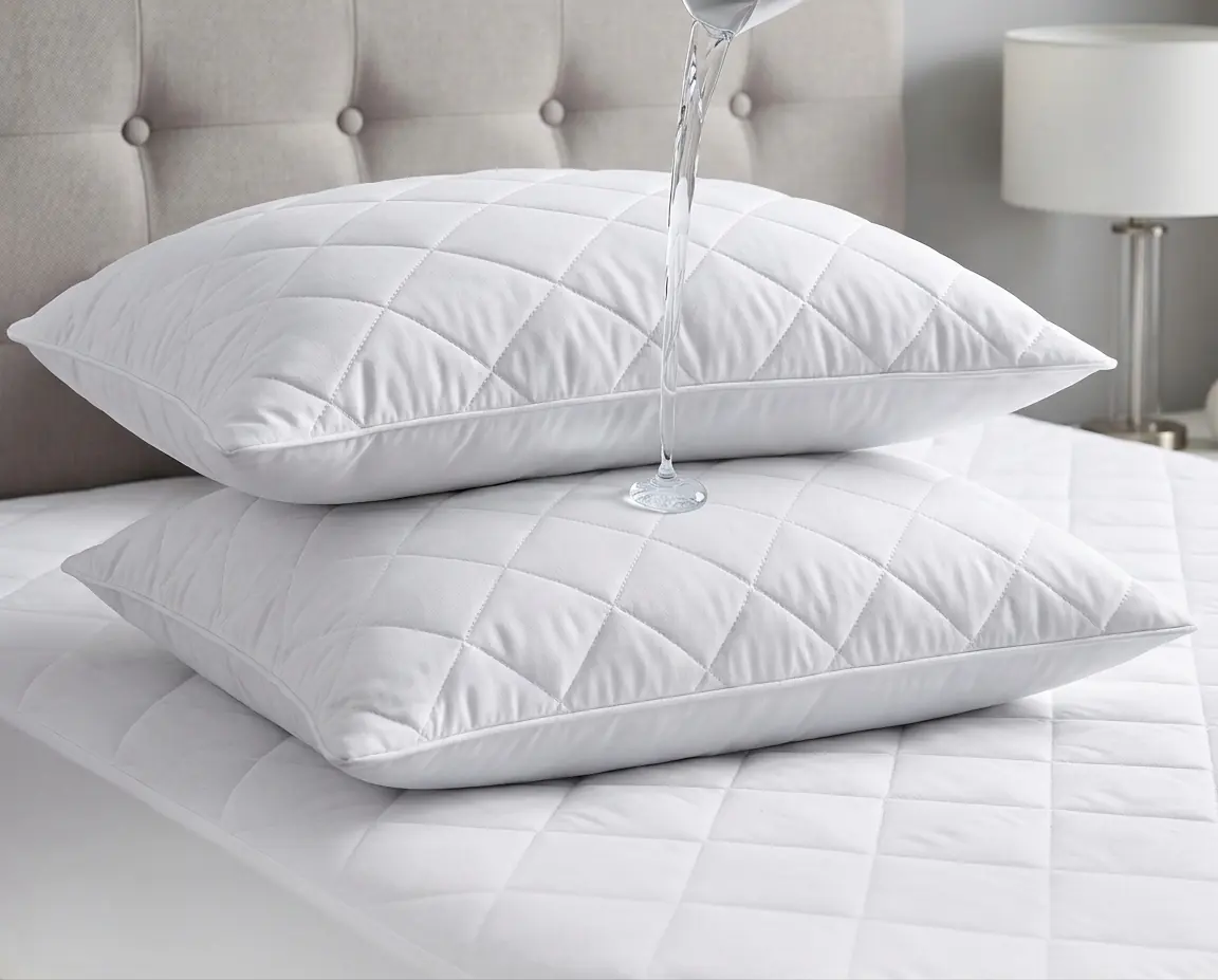Waterproof quilted pillow protectors on a hotel bed