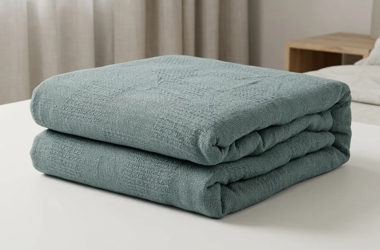 Folded plain cotton blanket in teal