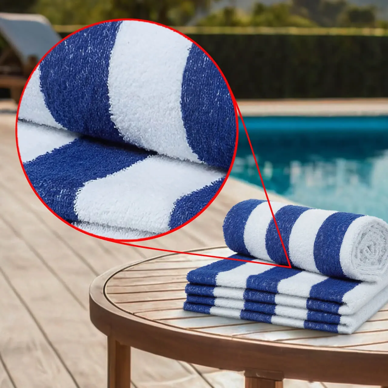 Folded blue and white cabana stripe pool towels