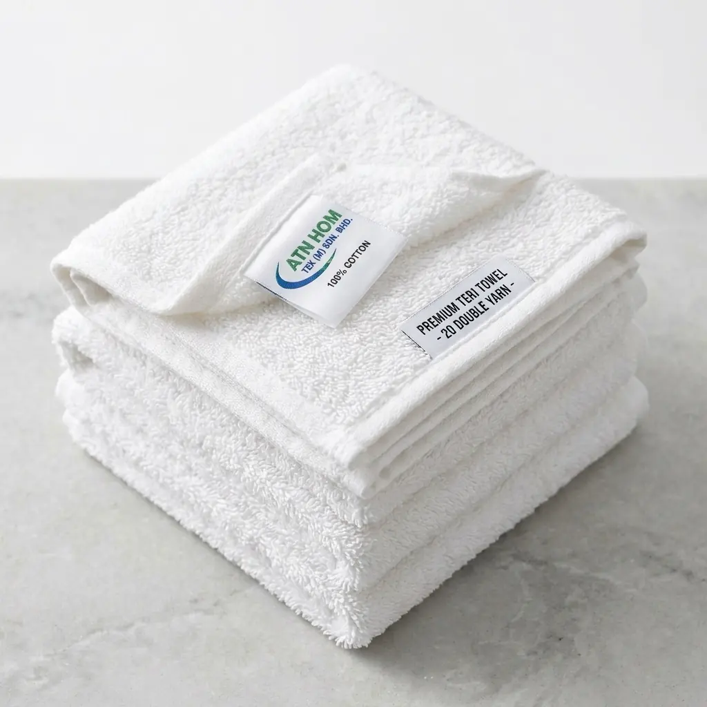 Folded white premium teri hotel bath towels with ATN Hom Tex label